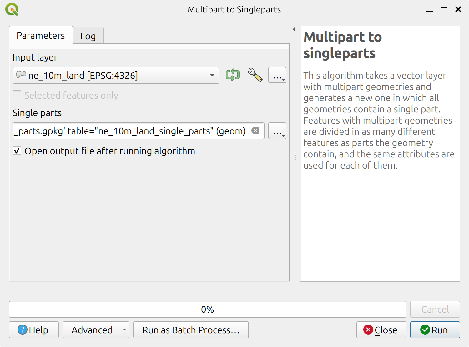 The Multipart to Singleparts tool