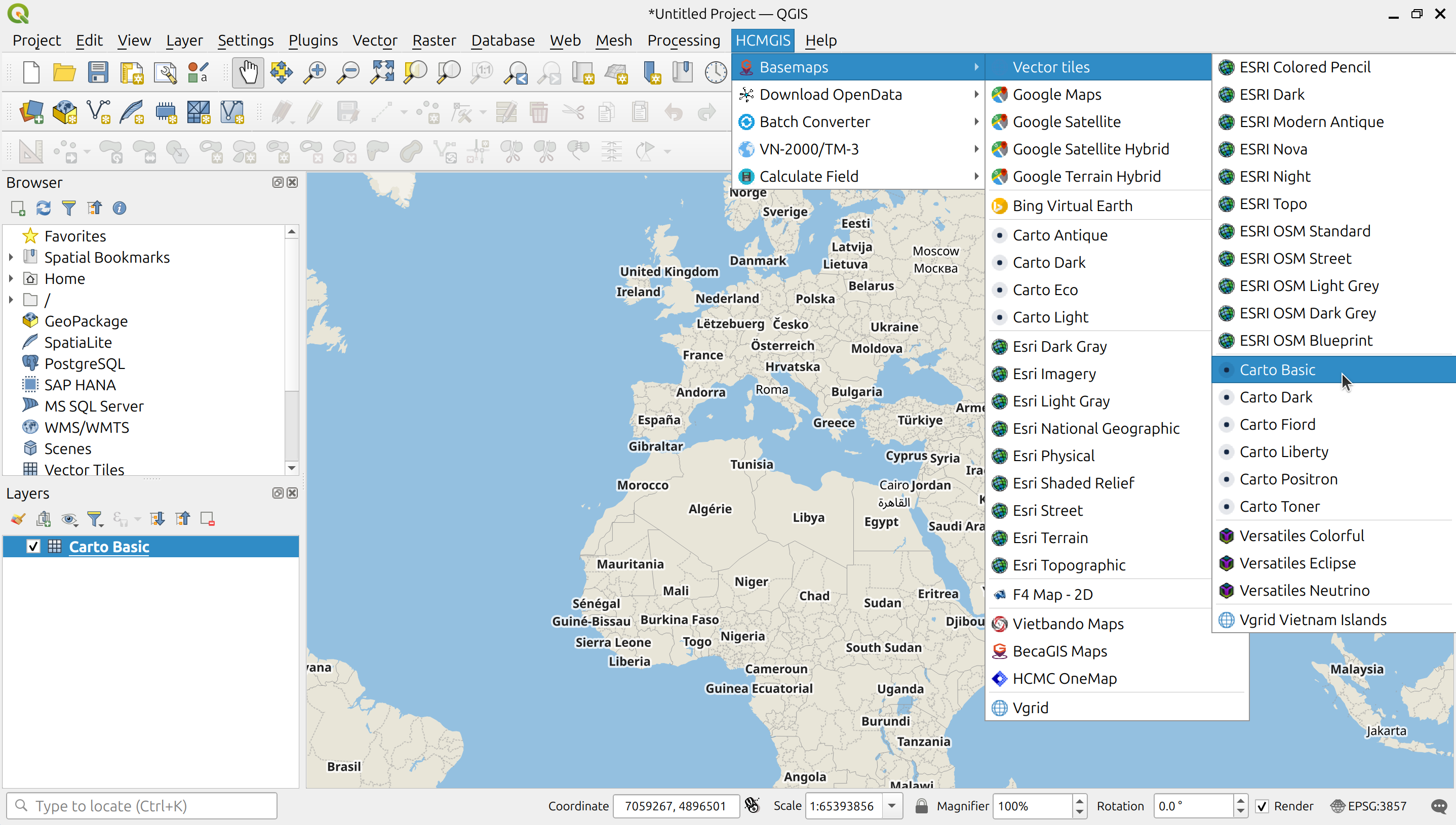 Adding th Carto Basic basemap in QGIS