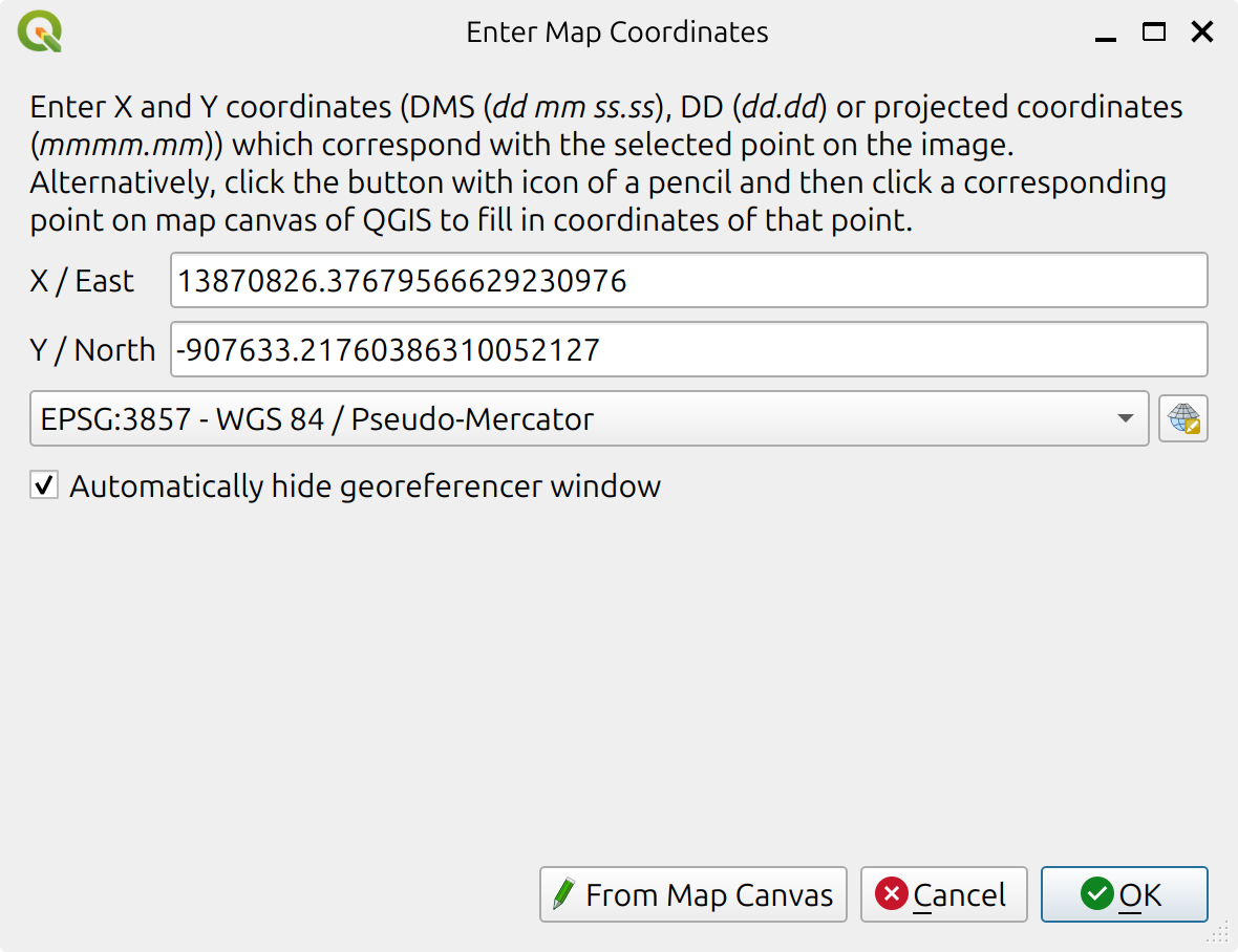 The numeric coordinates of the first GCP